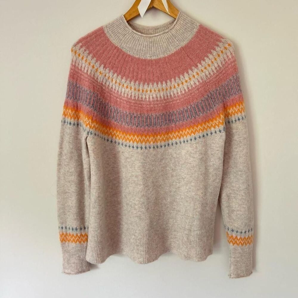 Jcrew Women's Pink and Orange Mock Neck Pattern Sweater